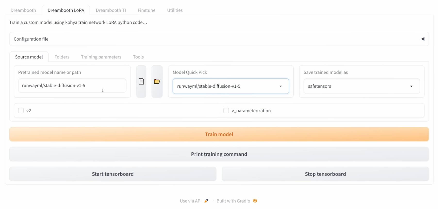 Kohya SS Gradio interface with the LoRA training tab open