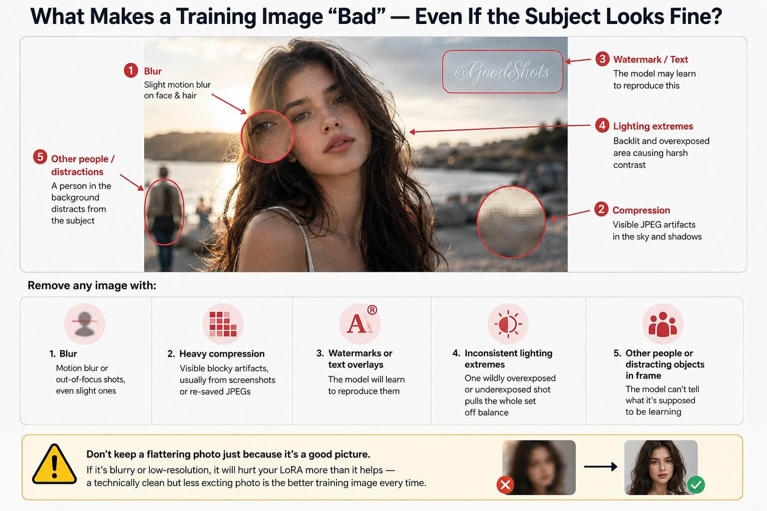 A training image annotated with arrows pointing out blur, a watermark, and compression artifacts