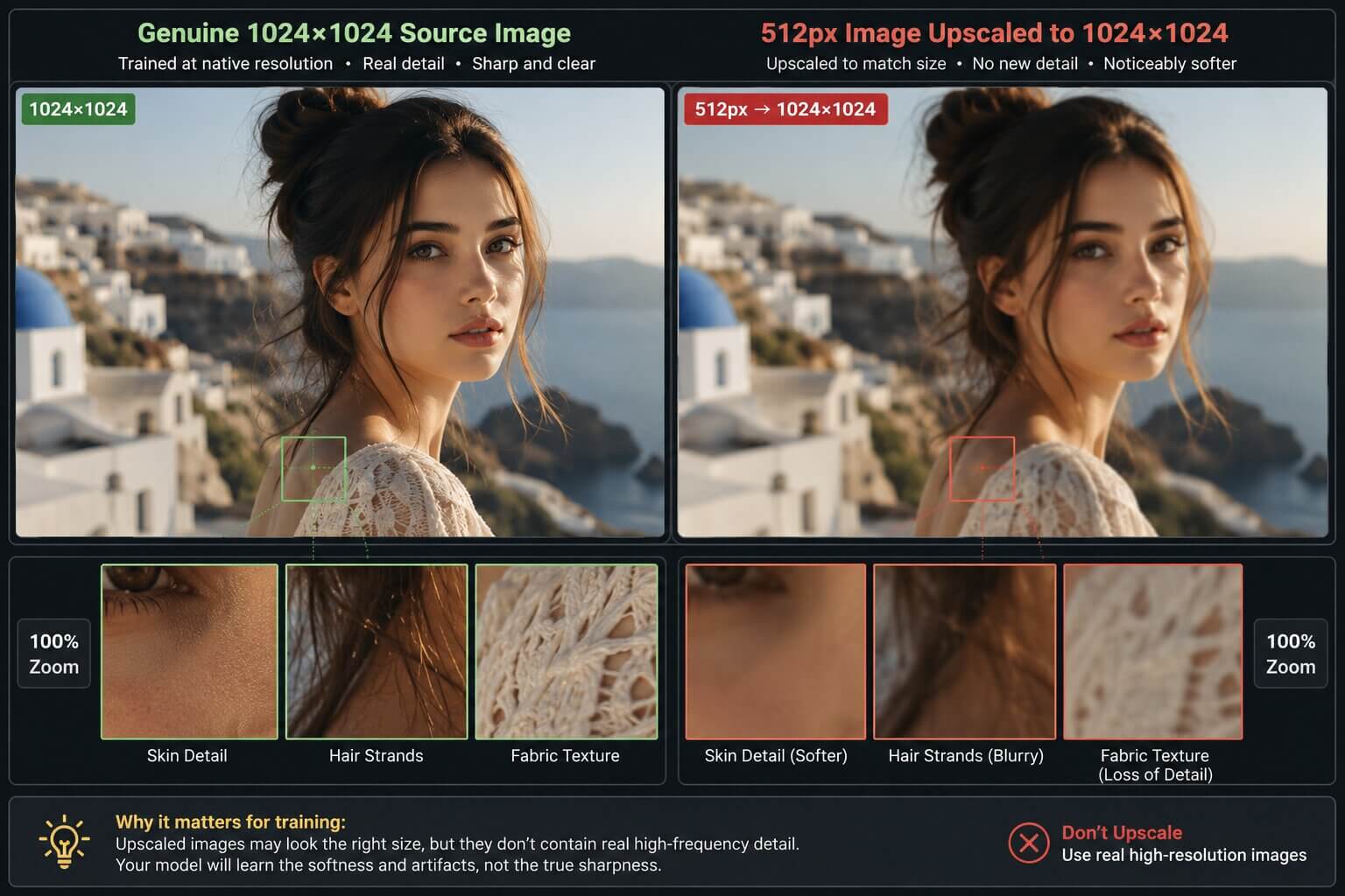 A correctly sized 1024x1024 training image next to a blurry upscaled 512px image