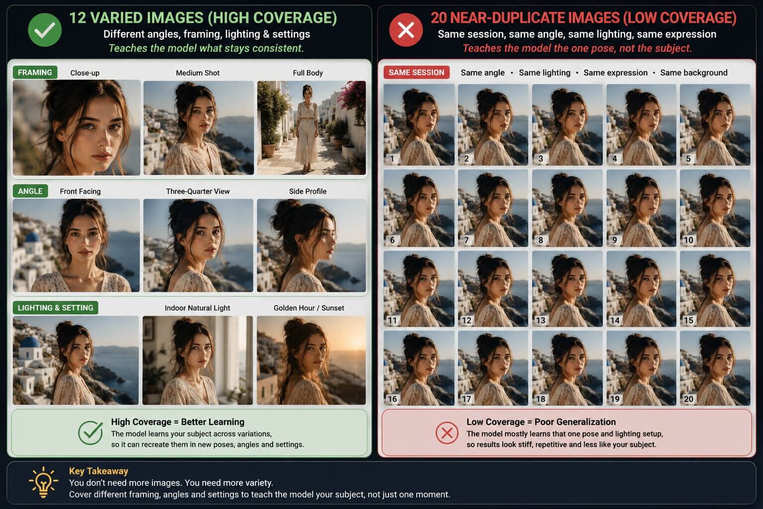 Grid comparison of 12 varied-angle training photos versus 20 near-duplicate photos from one session
